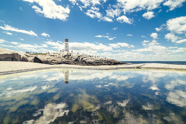 Peggy's Cove lighthouse on the Nova Scotia shore under a blue sky